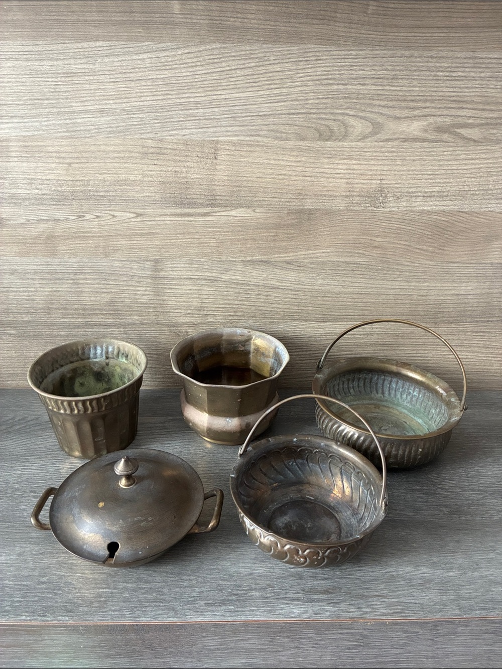 Brass Pots, Bowls with Handles and Lidded Brass Sugar Bowl or Trinket Dish